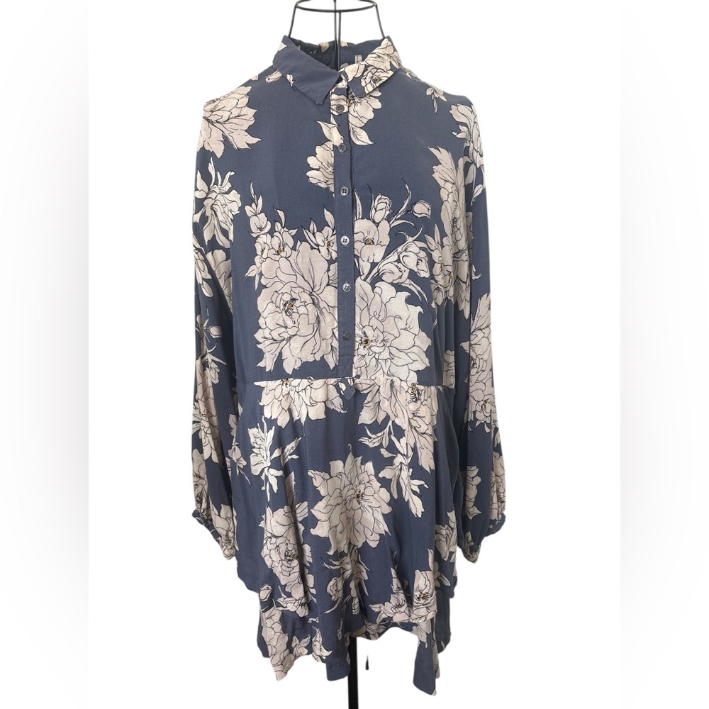 Free People Women's XS Shake It Dress ~ Blue Bold Floral Boho Tiered